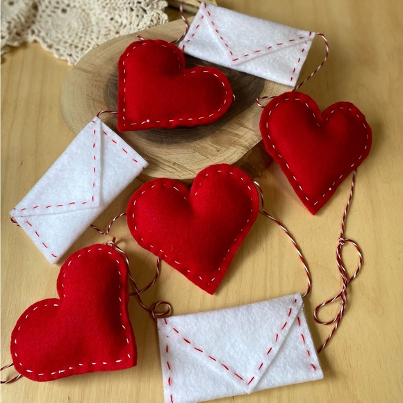 Hand Crafted Other - Valentine Day Felt Garland Decor Red Hearts and White Envelopes Handmade
